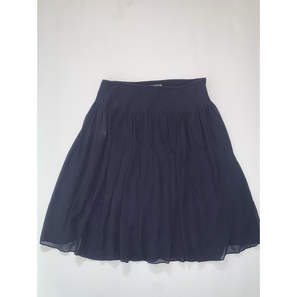 Lauren Ralph Lauren Navy Blue 100% Silk Pleated Knee Length Skirt Size 12 Preppy